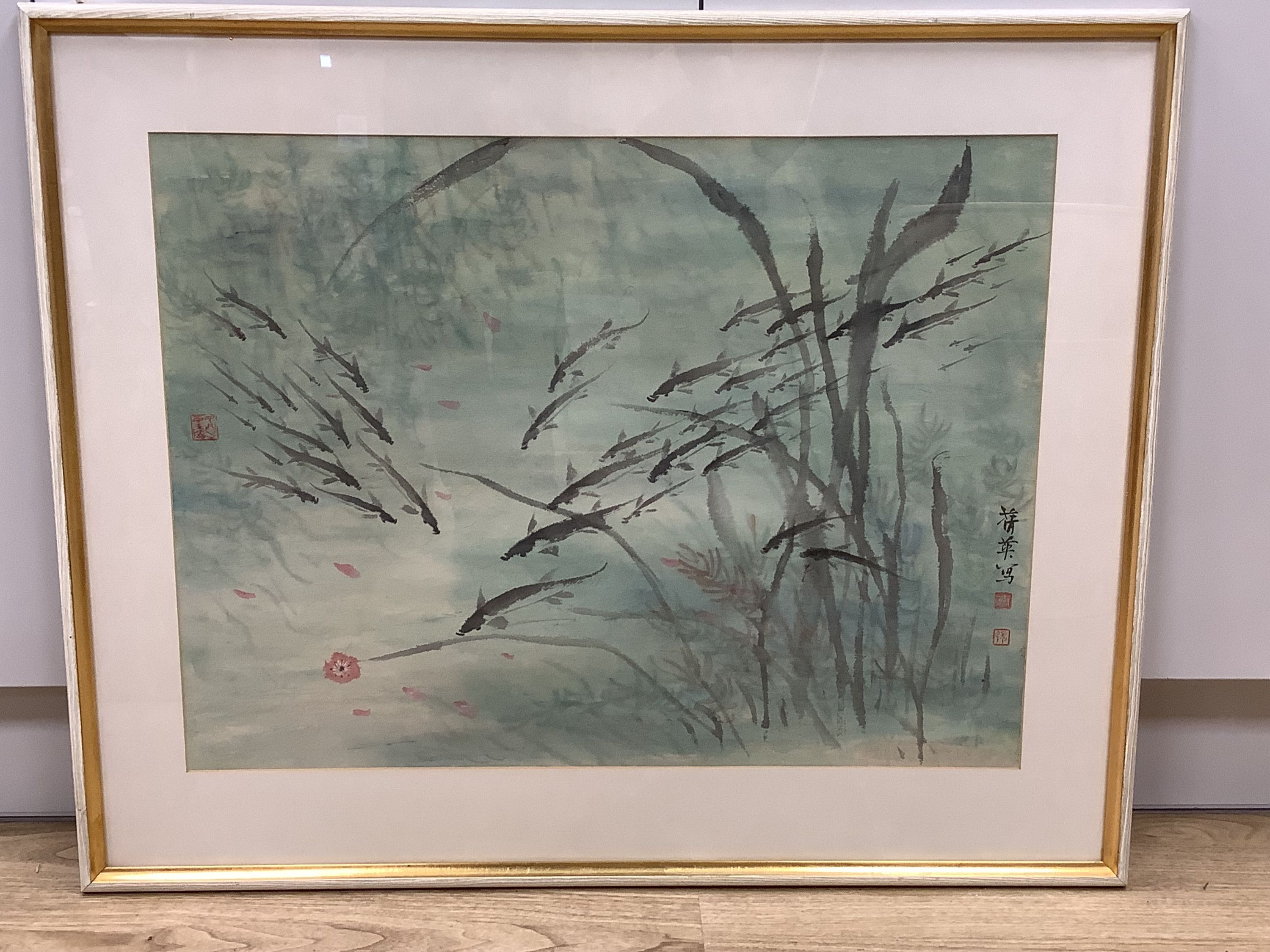 Chinese School (20th century), watercolour, Shoal of fish, signed,